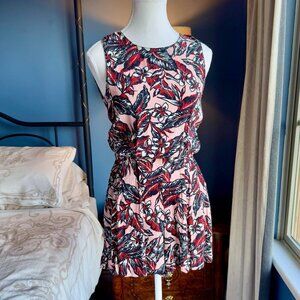 Zara Pink with  Red, Black, and White Tropical Floral Pattern Sleeveless Romper